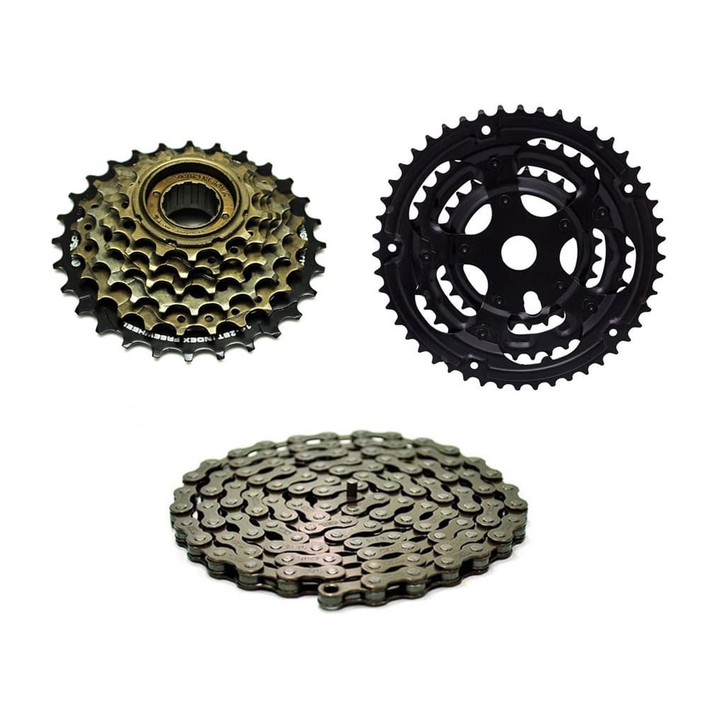 Kit Relação Bike Coroa Engrenagem Tripla Monobloco + Catraca 6v + Corrente Tec Bicicleta