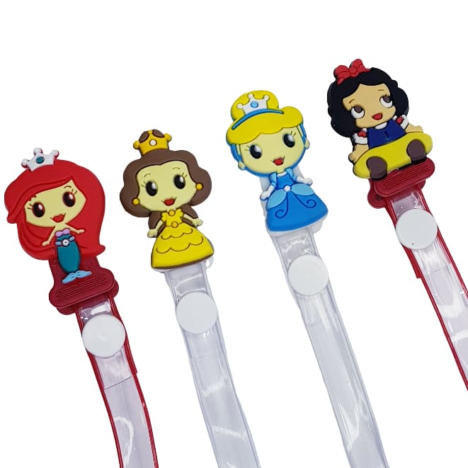 Prendedor de Chupeta PRINCESAS em Silicone / Enfeite emborrachado