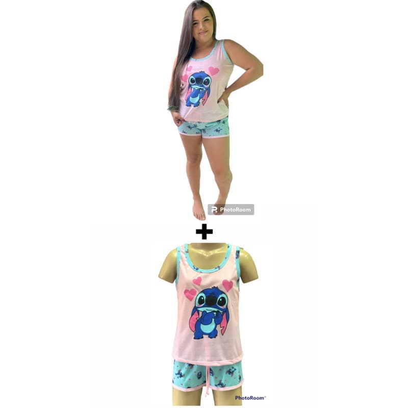 KIT Pacote 02 Pijama Baby Doll Stich Mãe e Filha Shortinho Verão Regata Feminino Adulto Infantil Juvenil Mulher de Malha Algodão Regata Verão Temático Disney Confortável Malha Times Kit Conjunto