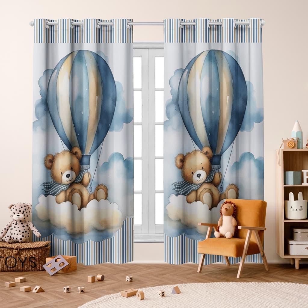 Cortina Infantil 3,00x2,20 Metros Menino Para Sala, Quarto, Decoração Urso Balão Azul Ursinho