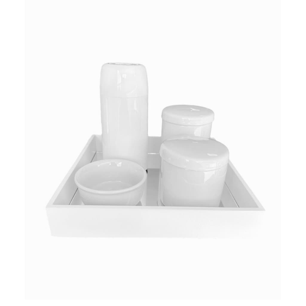 Kit higiene bebe porcelana branco gelo bandeja mdf branca espelhada mini garrafa termica molhadeira potes