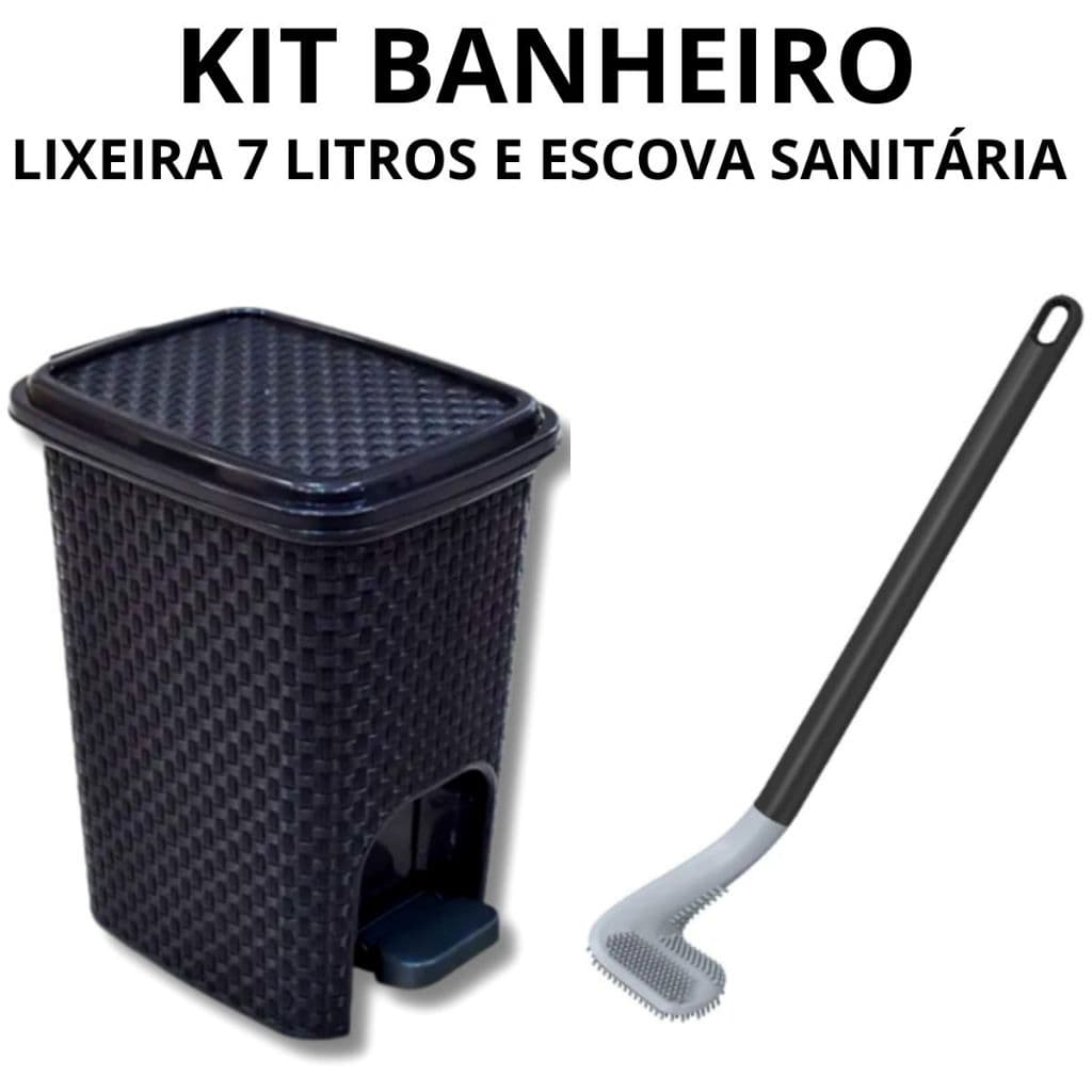 Kit Banheiro Lixeira Pedal 7 Litros Rattan + Escova Sanitaria Esfregão Resistente Silicone