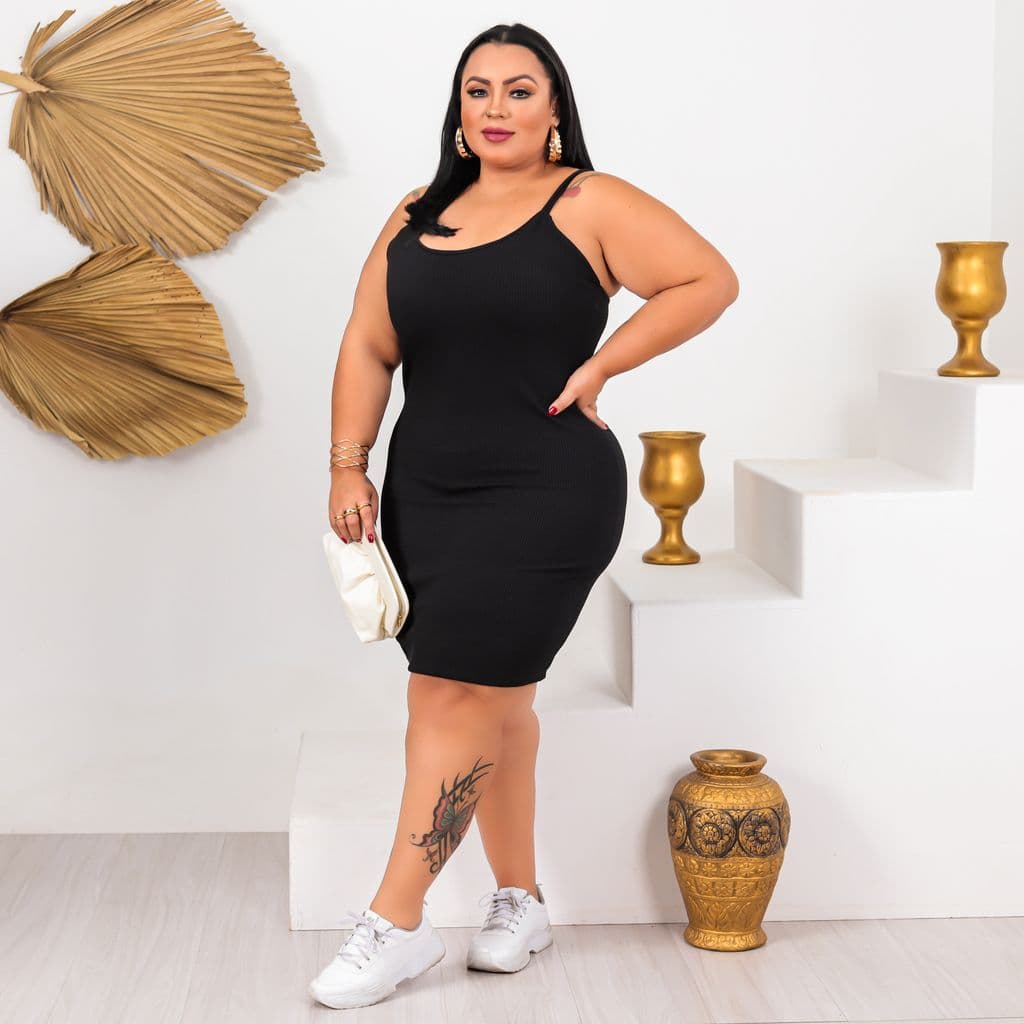 Vestido Plus Size Midi Tubinho Canelado com Manguinha Básico