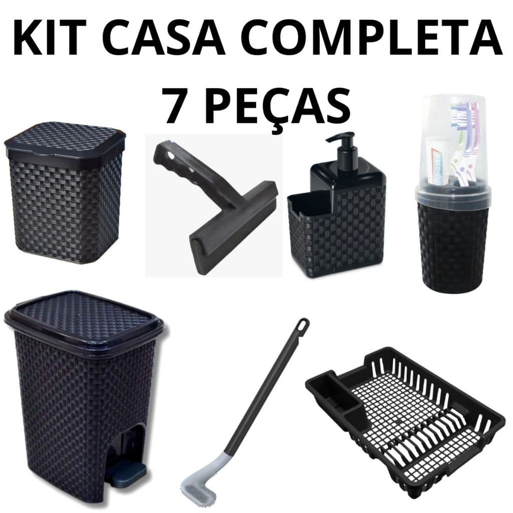 Kit Casa Completa 7 Peças - Lixeira 7 Litros Pedal Retrátil Rattan + Lixeira 5 Litros Rattan de Pia + Rodo de Pia + Porta Dispenser Detergente Rattan + Porta Escova Treco Rattan + Escova Sanitária Silicone + Escorredor de Louças