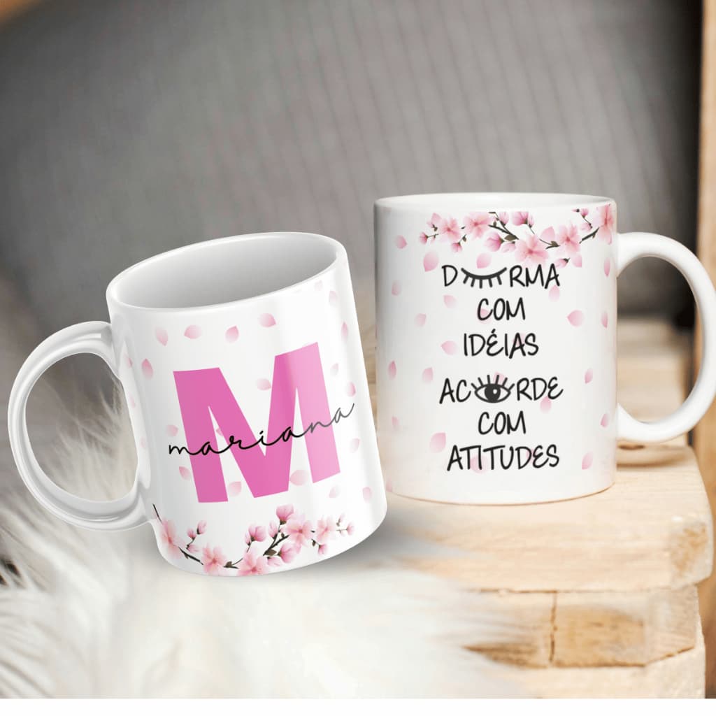 Caneca Feminina Personalizada Com Nome Frase Flores Sakura Presente Amiga Aniversário