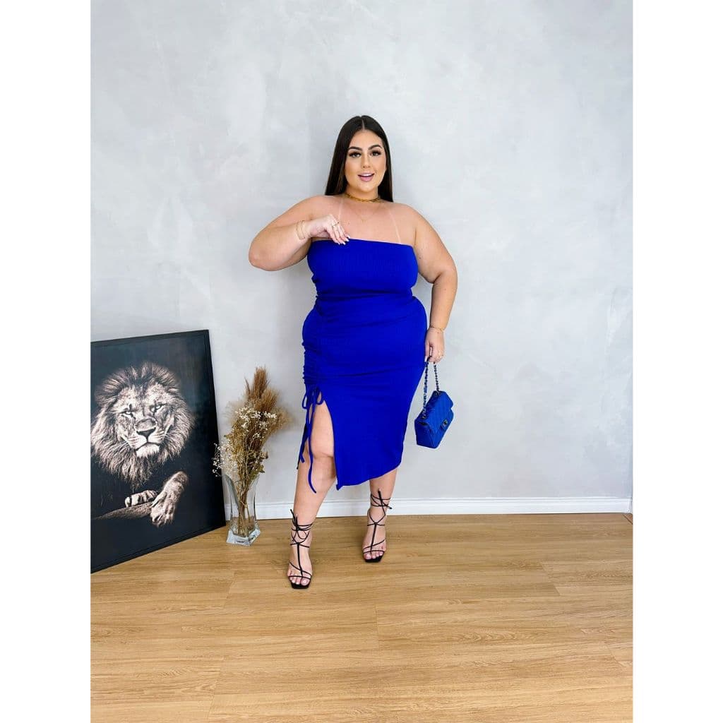 Vestido Canelado Plus Size Ombro A Ombro C/ Fenda Lateral plus size