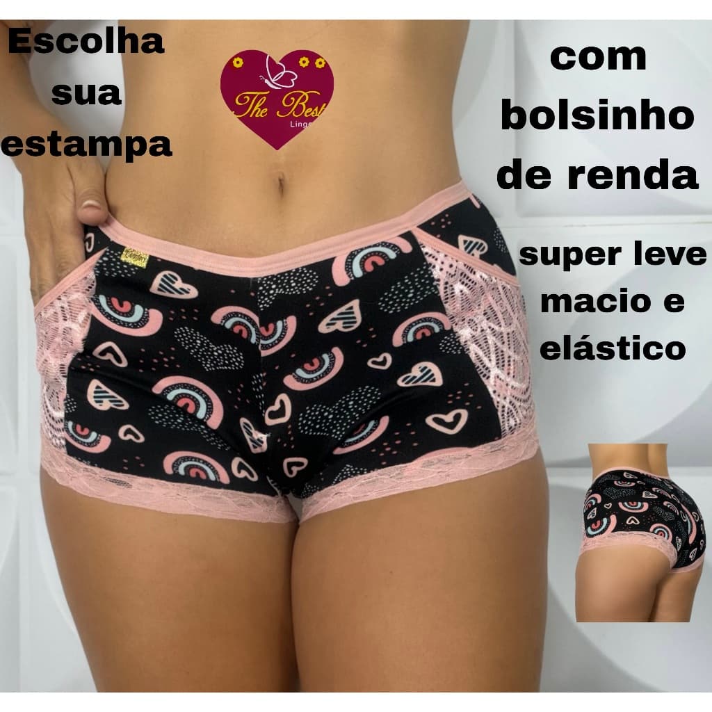 Kit com 3 OU 6 Calcinhas Shortinho com bolsinho de renda short calesson cueca feminina anágua com forro 100% algodão SS