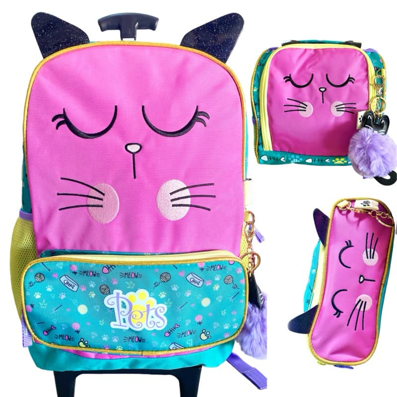 Kit Mochila Escolar infantil com rodinhas + lancheira térmica + estojo GATINHO GATO - CHENSON