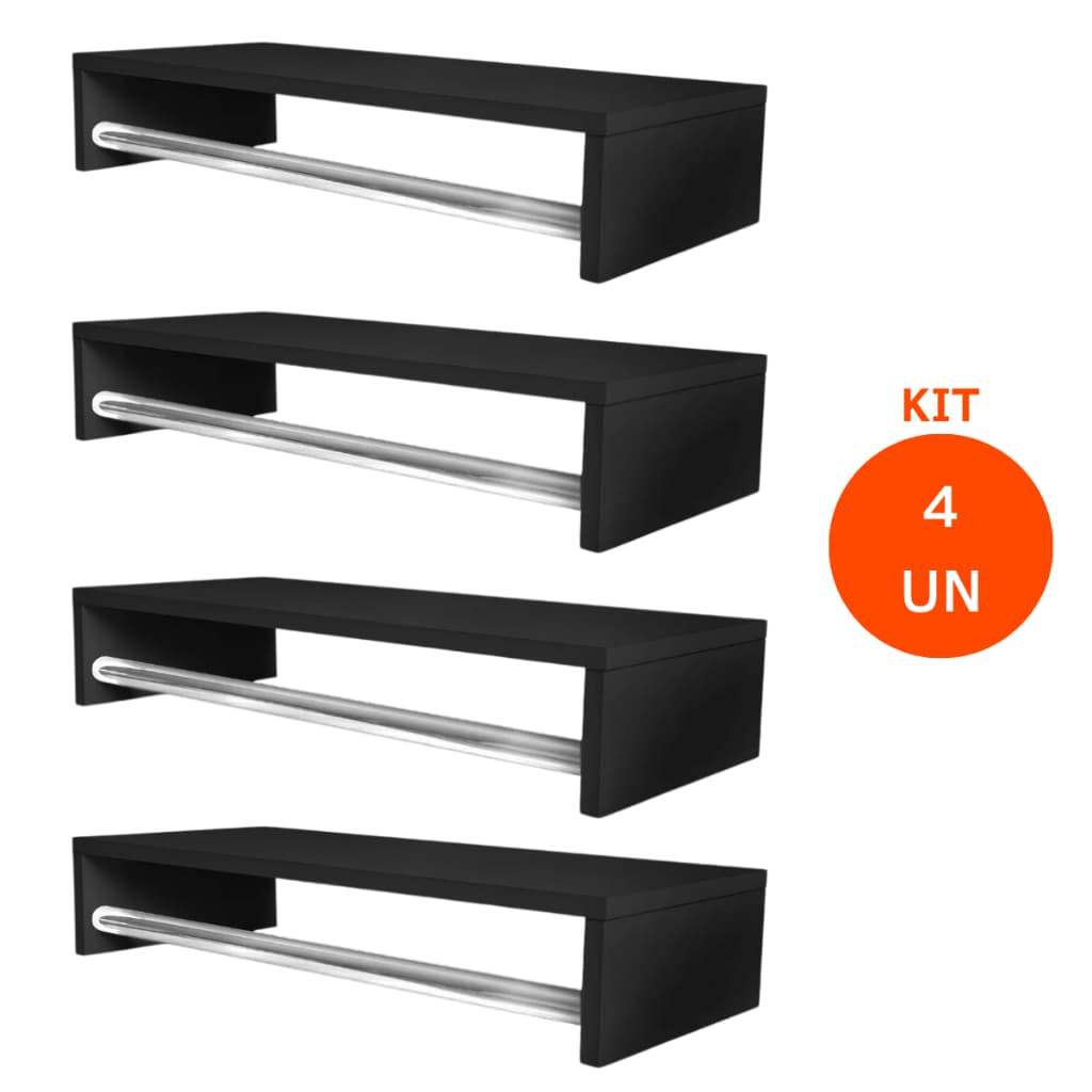 Kit Organizador de Roupas 4 Cabideiros Parede Arara Suspensa MDF Preto Aço Lavanderia Quarto 60 cm