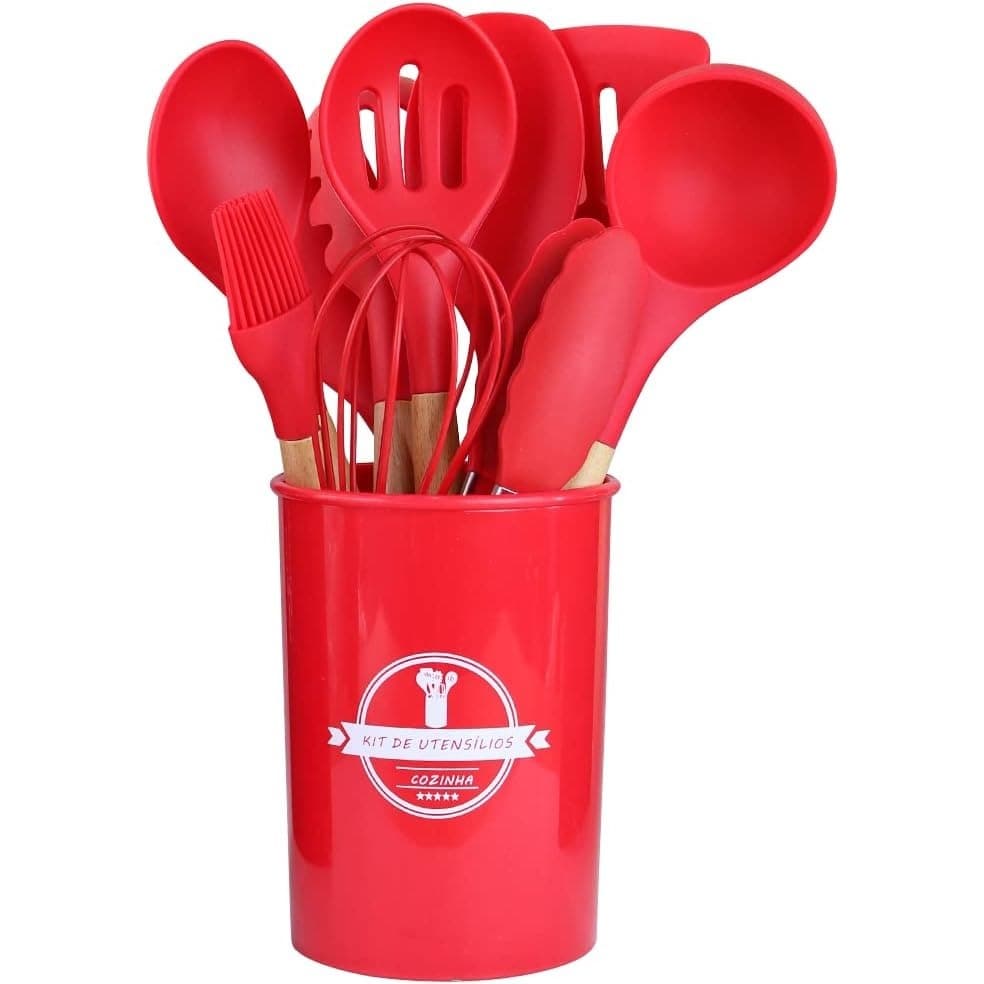 Jogo Utensílios de Cozinha em Silicone  com cabo em madeira 12 peças (Vermelho)