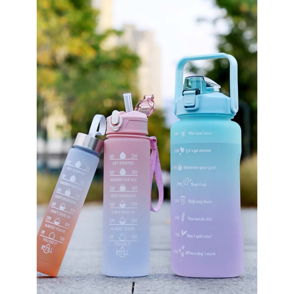 kit 3 Garrafa 2000ml de Água com Adesivos 2D Motivacional em inglês Squeeze Capacidade