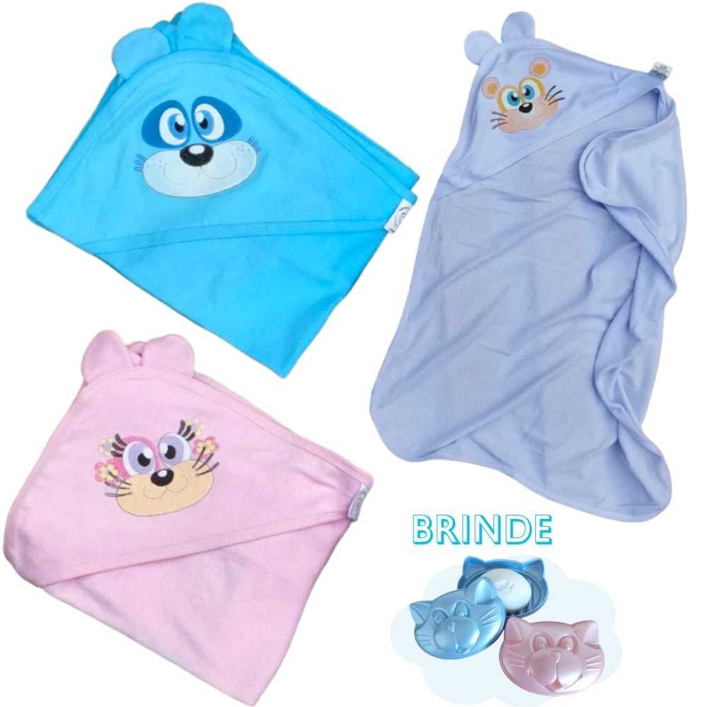 Toalha de banho bebe com capuz e orelinha menina menino estampa silk de bichinhos