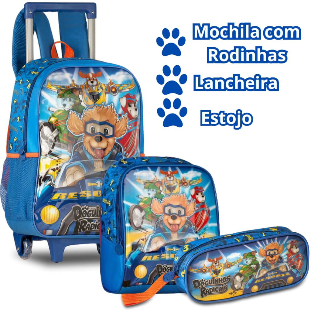 Kit Escolar Menino Mochila Rodinha + Lancheira + Estojo Doguinhos Radicais Lancheira Térmica
