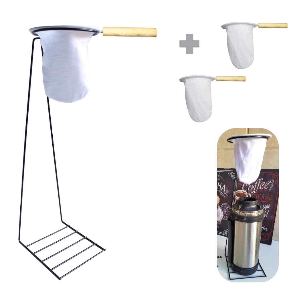 Coador De Café C/ Suporte De 45cm + 2 Coadores Extras C/ Cabo Madeira