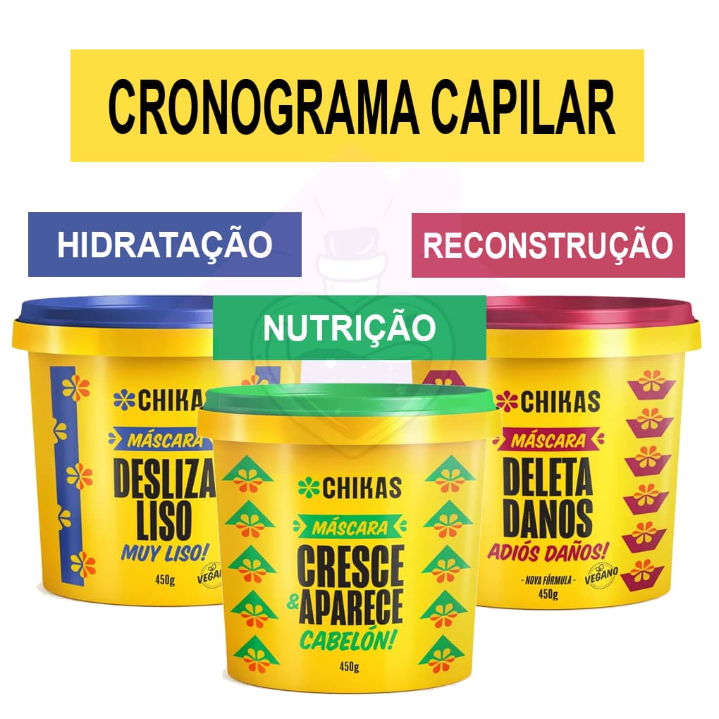 Kit  Cronograma Capilar Chikas Masc 450g - 3 produtos Hidratação, Nutrição e Reconstrução