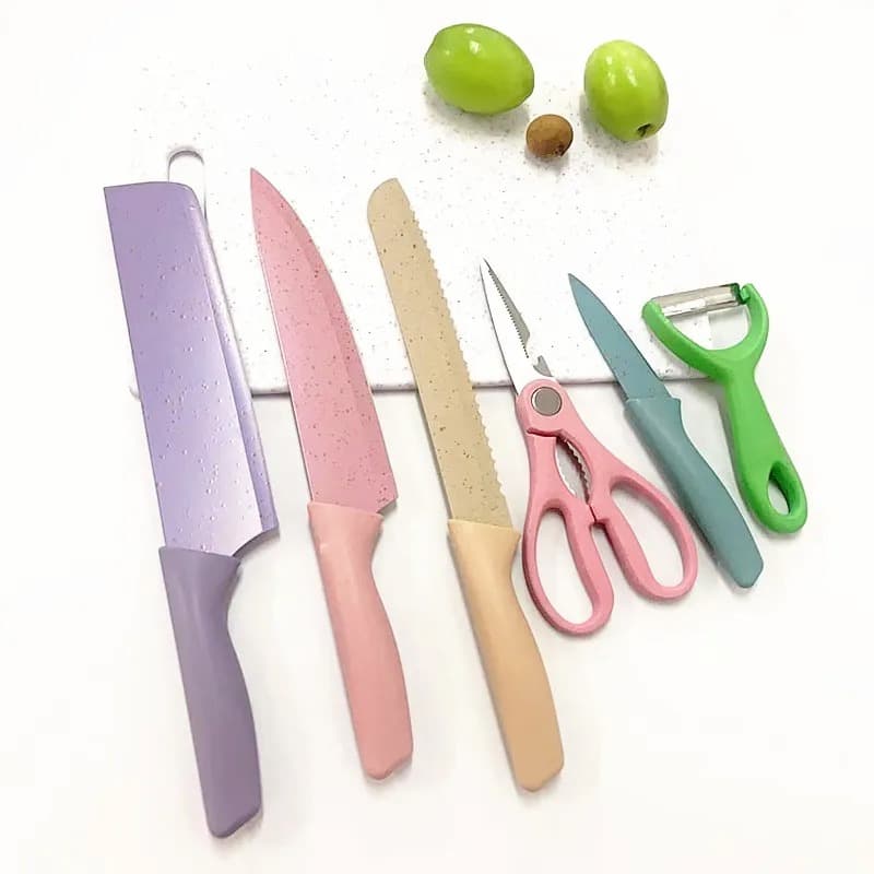 Kit Jogo faca 6 peças coloridas cutelo faca de serra ralador tesoura de cozinha aço inox