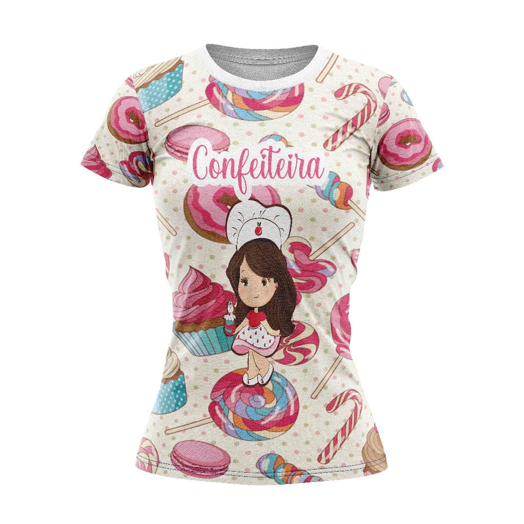 T-Shirt Branca Blusa Camisa PROFISSÃO CONFEITEIRA ROSA REF 001