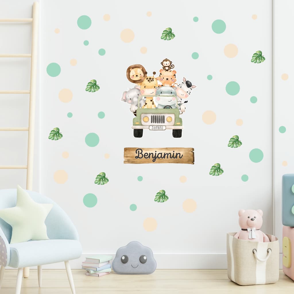 Adesivo De Parede Infantil Safari Bolinhas Folhas Nome Personalizado Quarto de Bebê