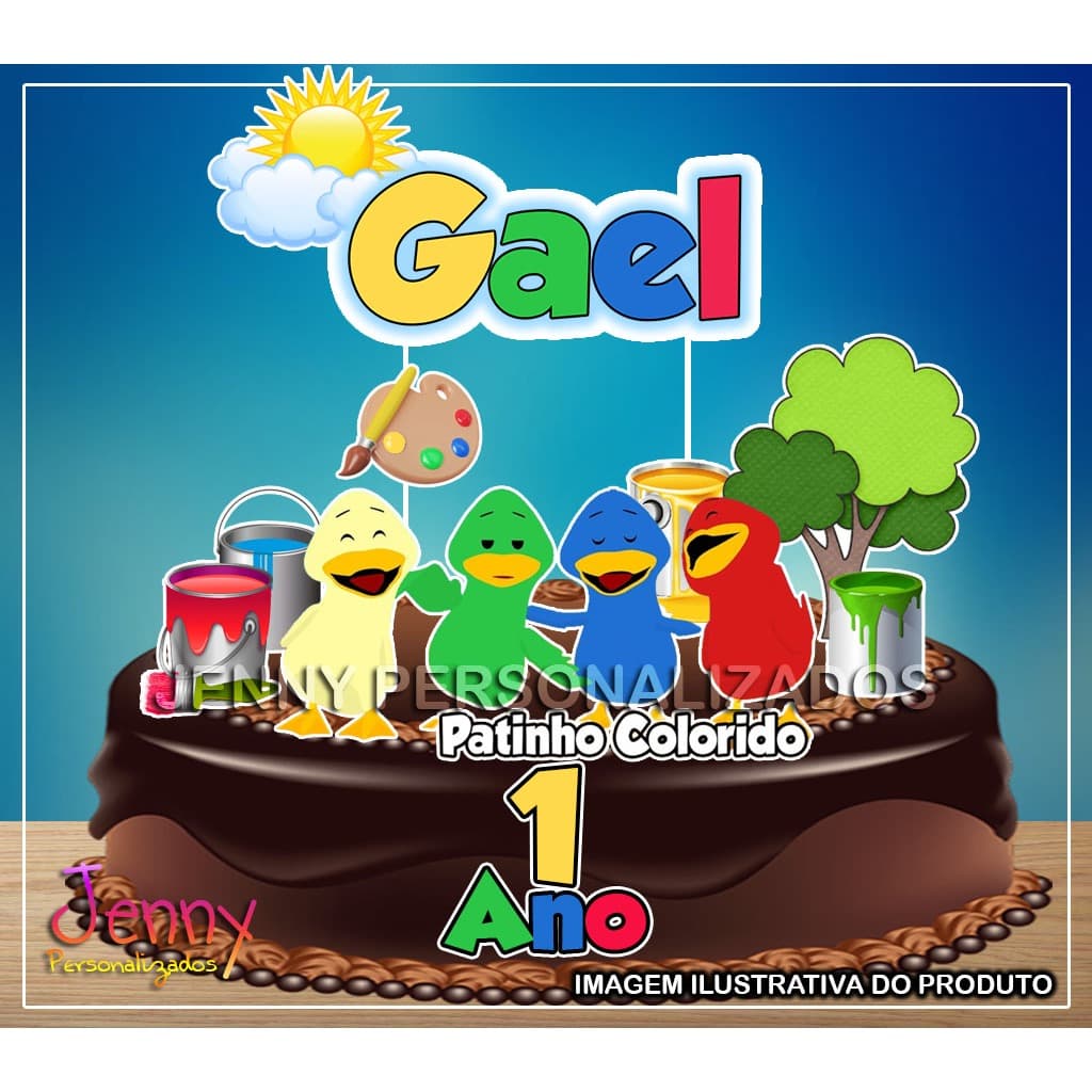 Topo Topper de Bolo Patinho Colorido Personalizado com nome