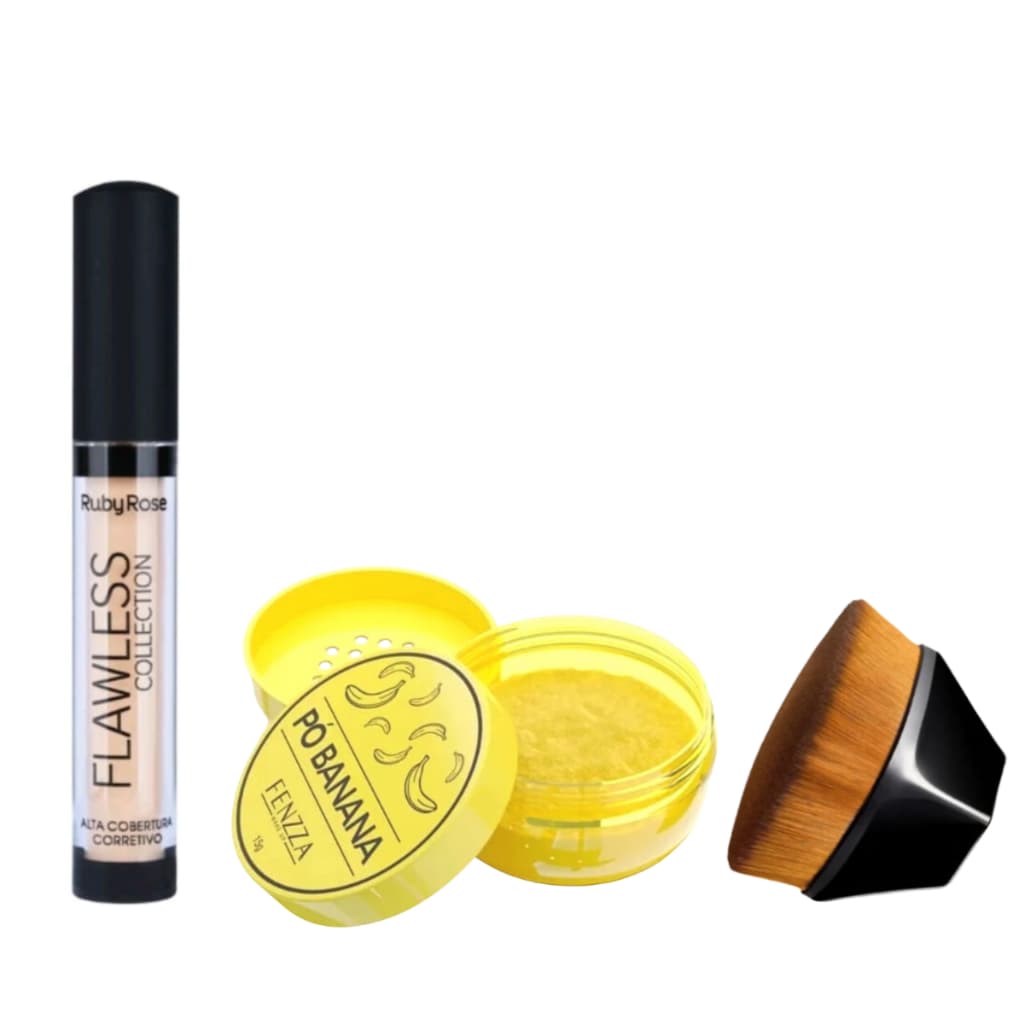 Corretivo Ruby Rose Pó Banana Fenzza Píncel Para Base Kit 3 peças