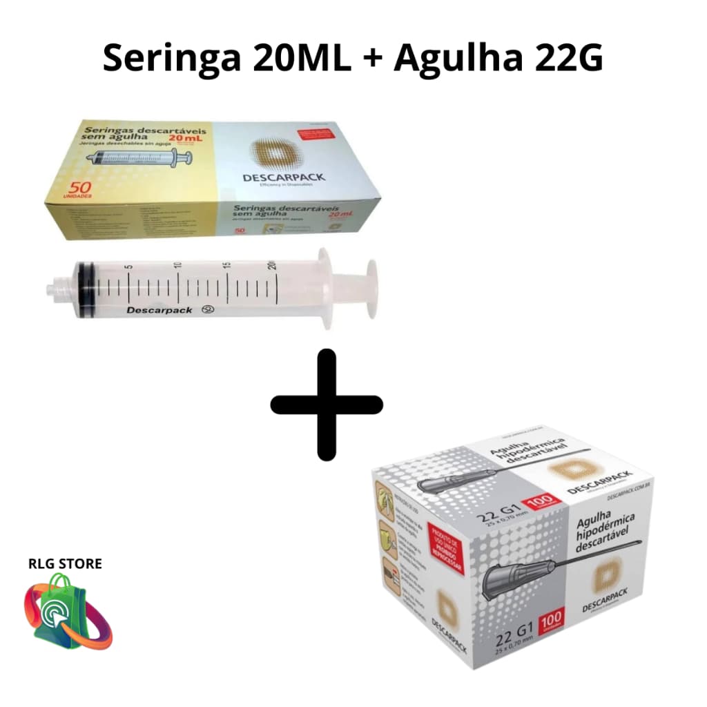 Kit 50 Seringas 20ml Bico Luer Lock Descarpack + 100 Agulhas 25x0,7 cinza Descarpack