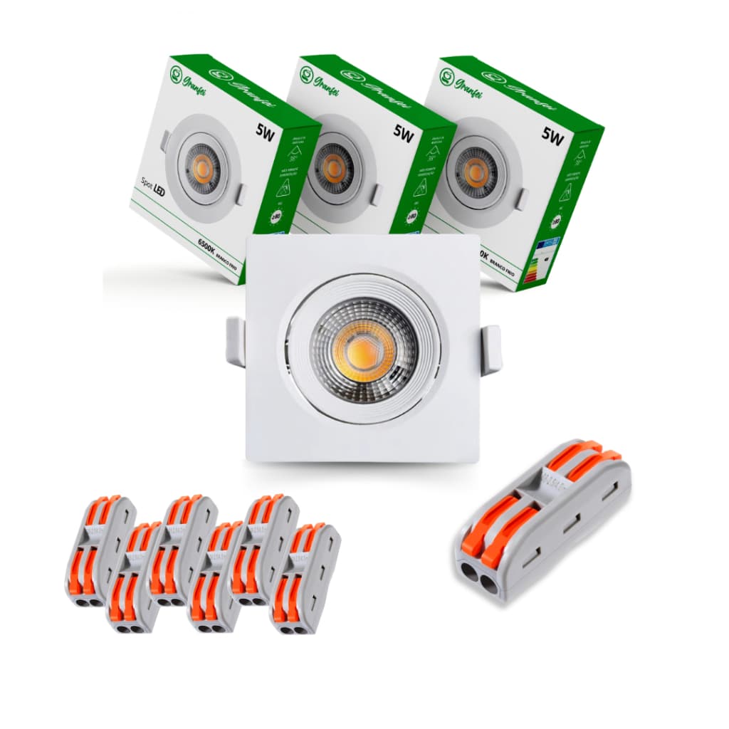 Kit 5 Luminária Spot Led 5w + Conector Fios 2 Vias 5mm 250V 32A | Quadrado Redondo