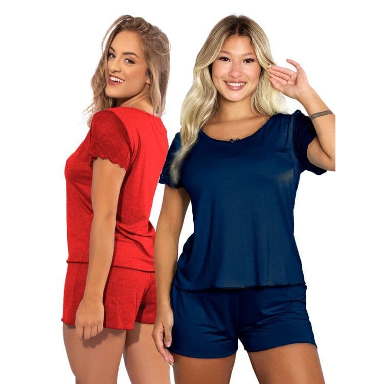 Kit 2 Pijamas Short Dolls Confortáveis em Viscose Detalhes em Renda Noite Dormir Malha Algodão Dool