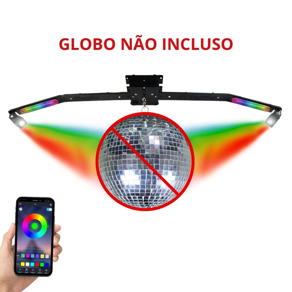 Base P/ Kit Discoteca Deltrônica RGB Globo Espelhado 30cm 2 Canhões LED Strobo Festa Balada Bivolt