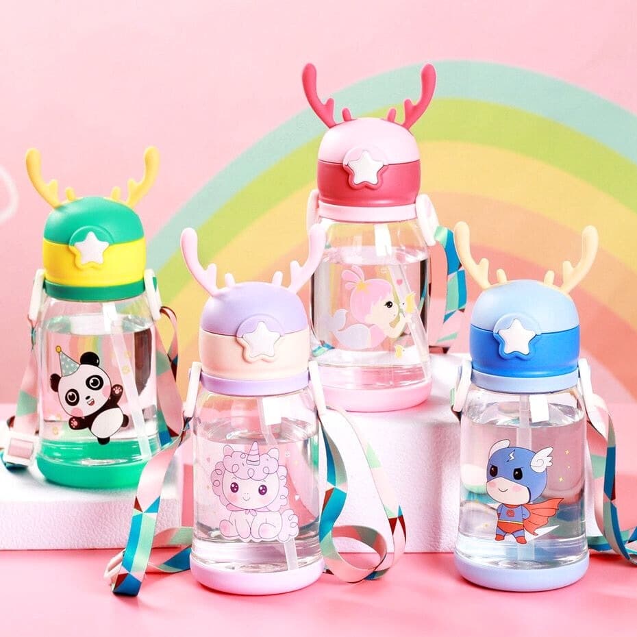 Garrafa De Água Alce Criança Infantil Desenhos + alça + adesivos