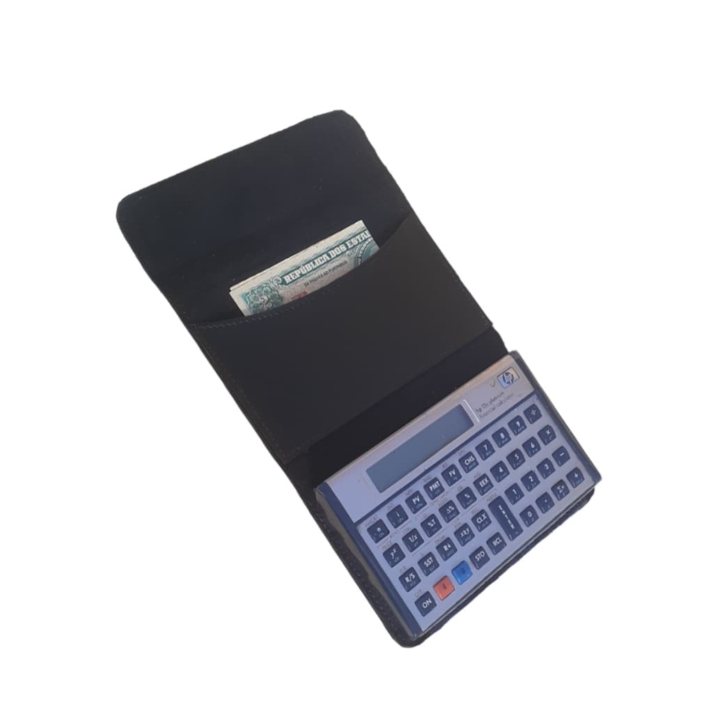 Capa para calculadora Hp12c em couro ecológico com  porta notas documentos