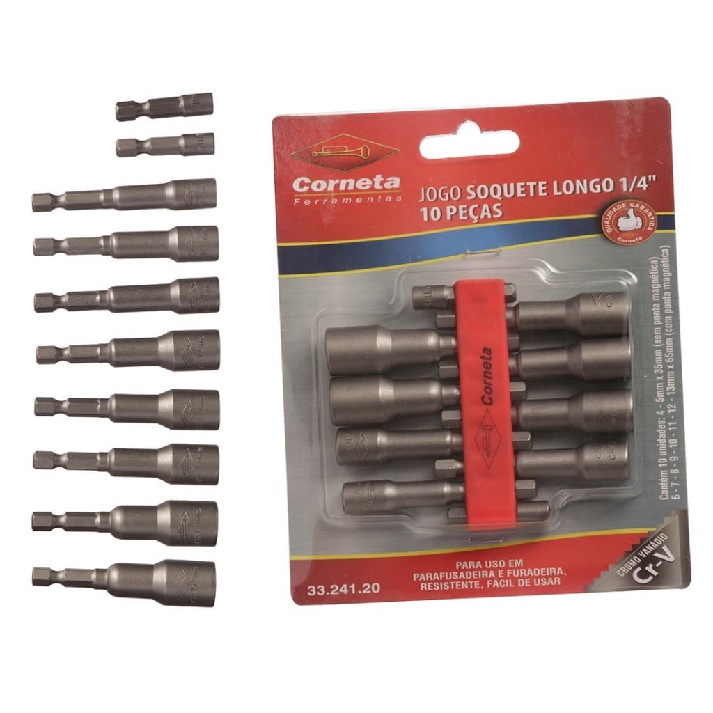 Kit Jogo 10 Bits Canhão Sextavado 1/4 Longo Imantado 4 a 13 Mm Uso Parafusadeira
