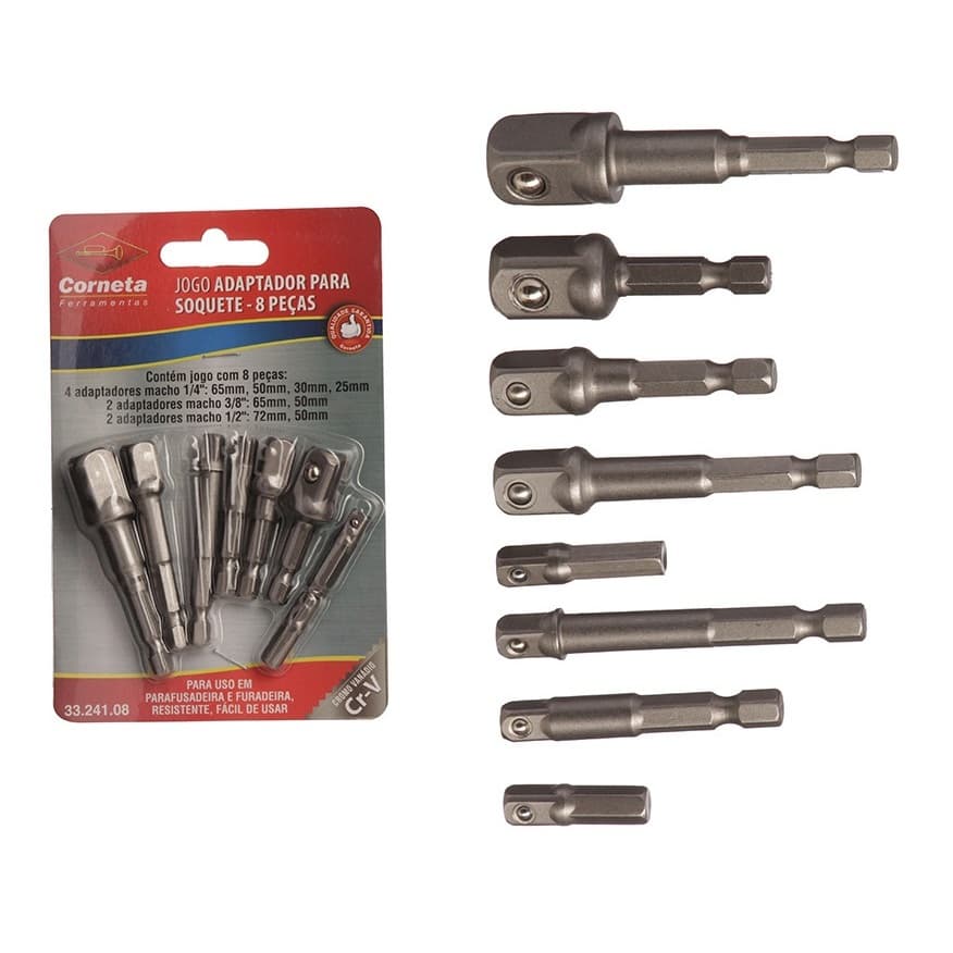 Jogo kit 8 Adaptador Para Soquete Parafuzadeira Furadeira 1/4 3/8 1/2