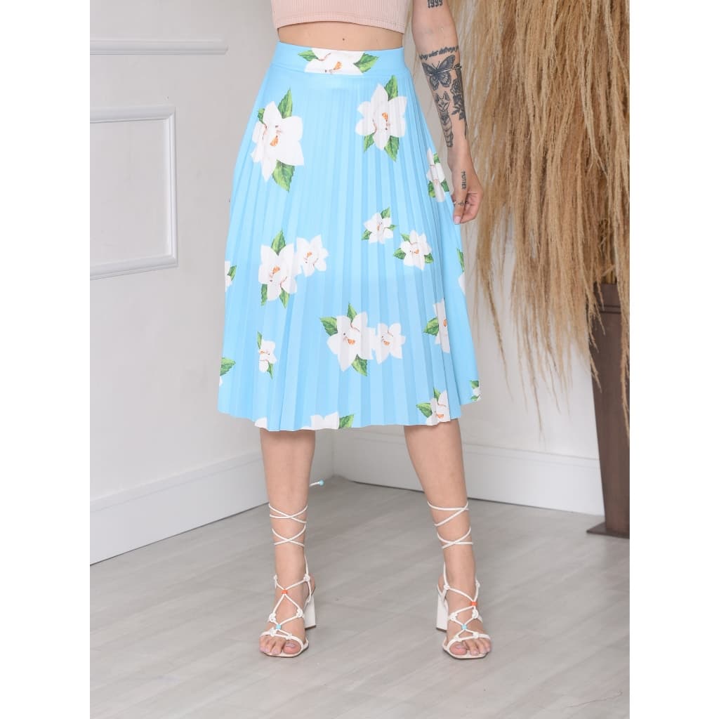 Saia Plissada Midi Feminina Com Forro florido - Moda Evangelica