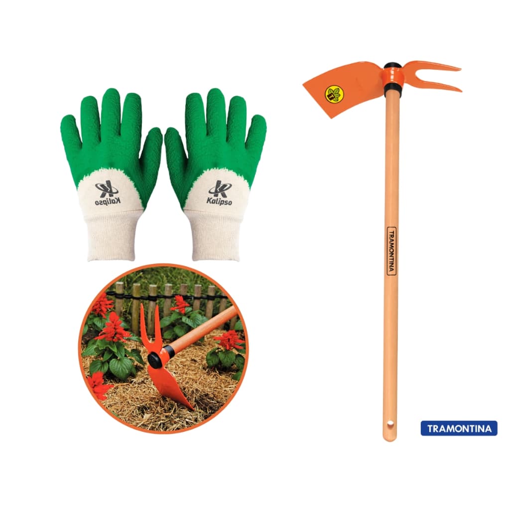 Kit Jardinagem Enxadinha Duas Pontas + Luva Proteçao Segurança  Multiuso Tramontina