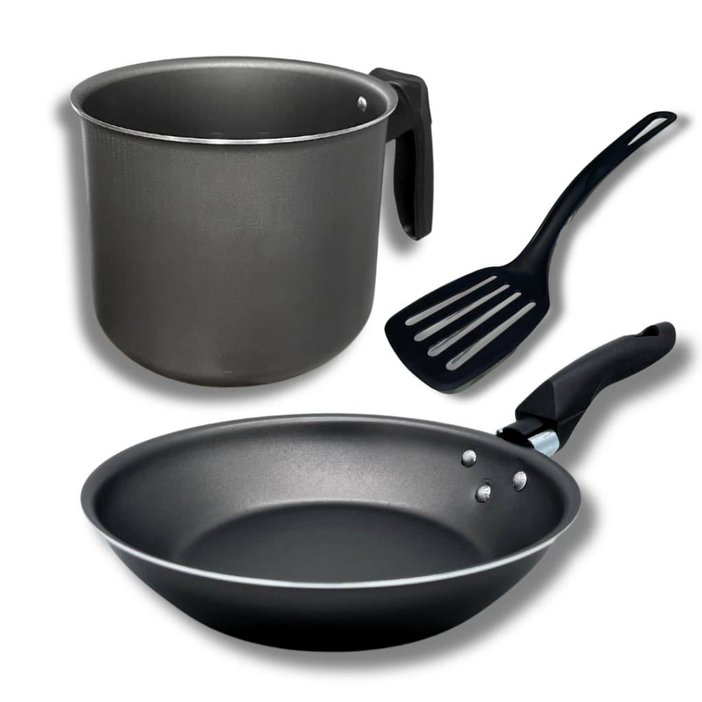 Kit Jogo Frigideira Francesa 22 cm Fervedor 12 cm Antiaderente Teflon e Espatula Cor Grafite