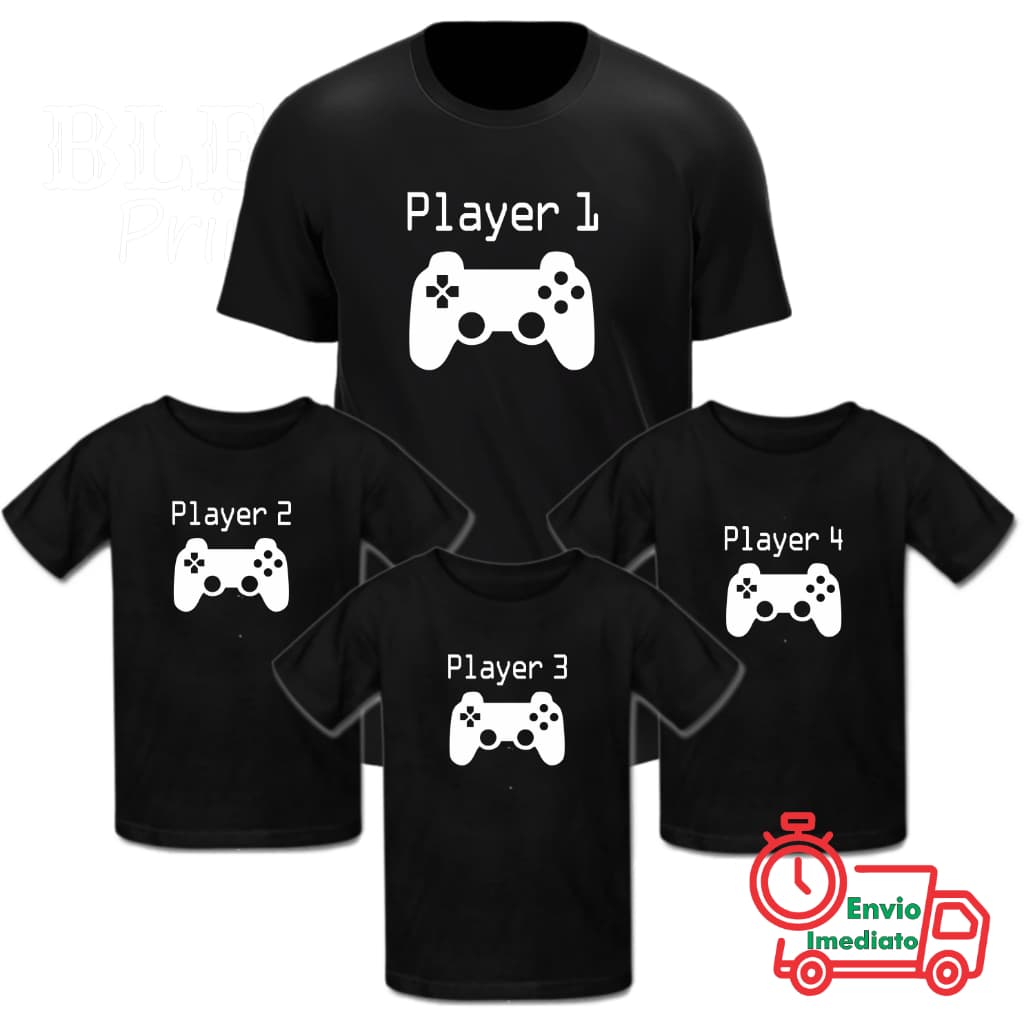Kit 4 Camisetas Familia Player 1/ 2 / 3 e 4 - 100% Algodão