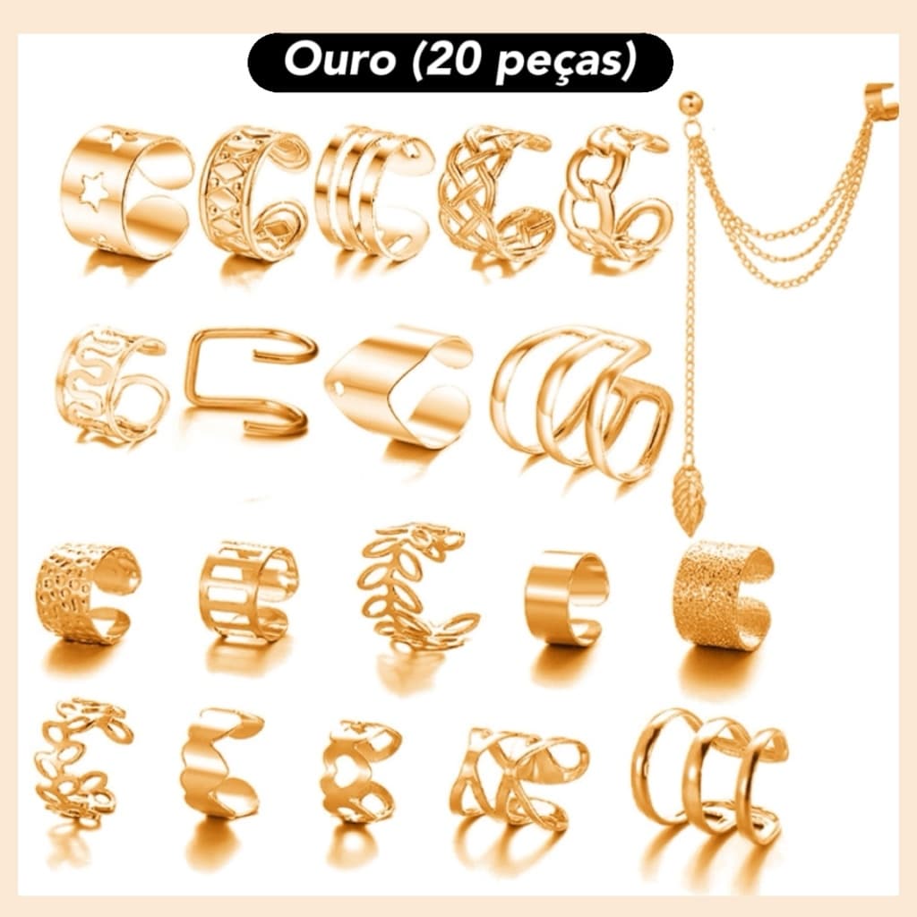 Conjunto de 20 Ear Cuffs Douradas Sem Perfuração - Acessórios Moda Feminina Kit