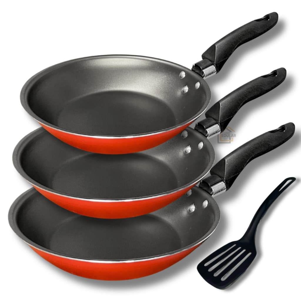 Kit Jogo Frigideiras 3 Peças 16 18 e 20 cm Francesa Antiaderente Teflon Espatula Nylon Cor Vermelho