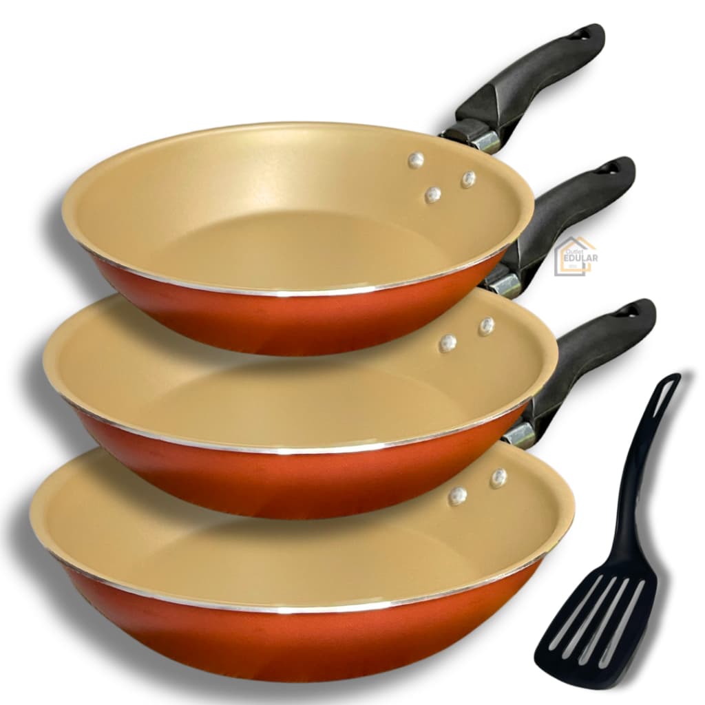 Kit Jogo Frigideiras 3 Peças 16 18 e 20 cm Francesa Antiaderente Teflon e Espatula Cor Cereja Gold