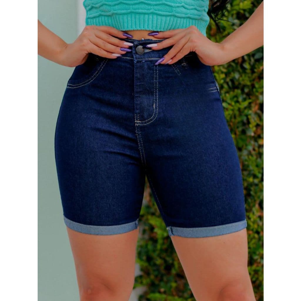 Bermuda jeans feminina, cintura alta, com laycra