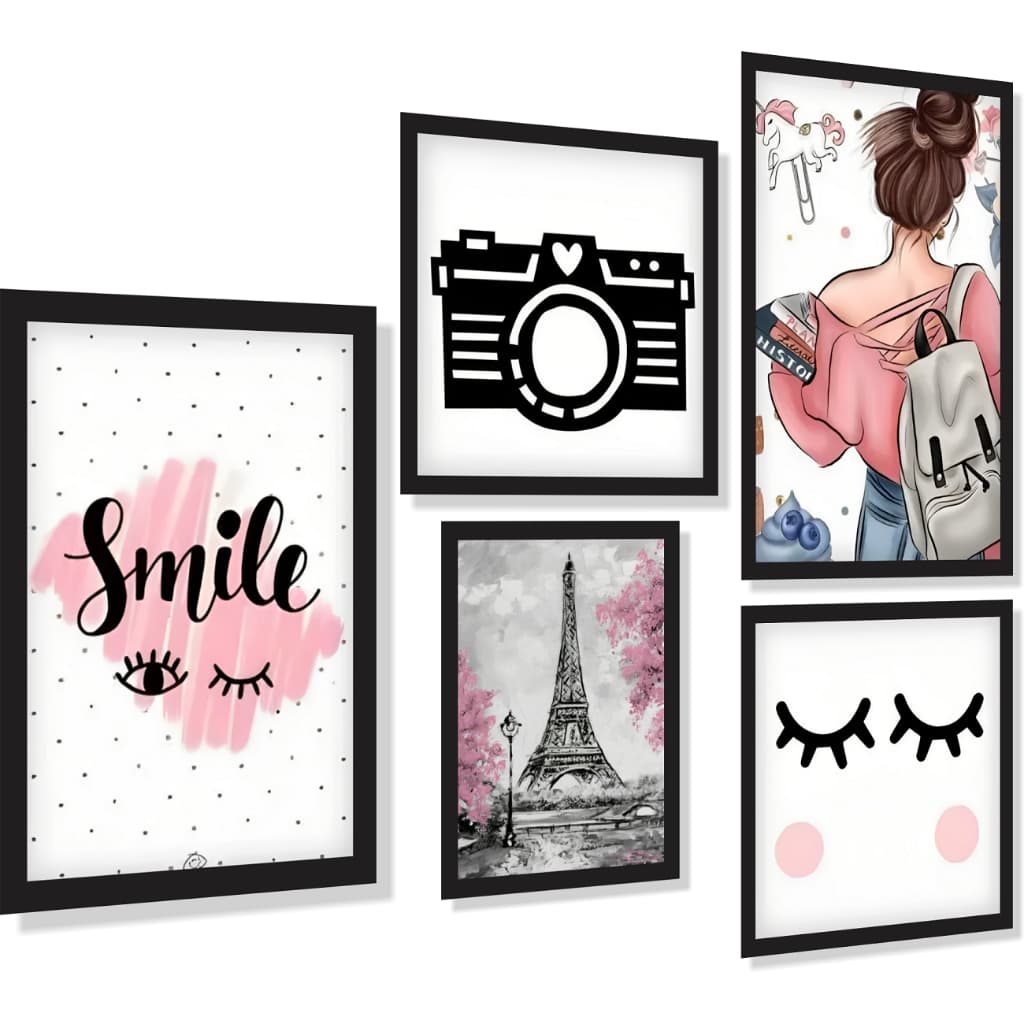 Kit Quadros Decorativos Mosaico 5 Peças Girls Tumblr Quarto Menina Estudo Nova York Torre Eiffel Sonho Criança Infantil