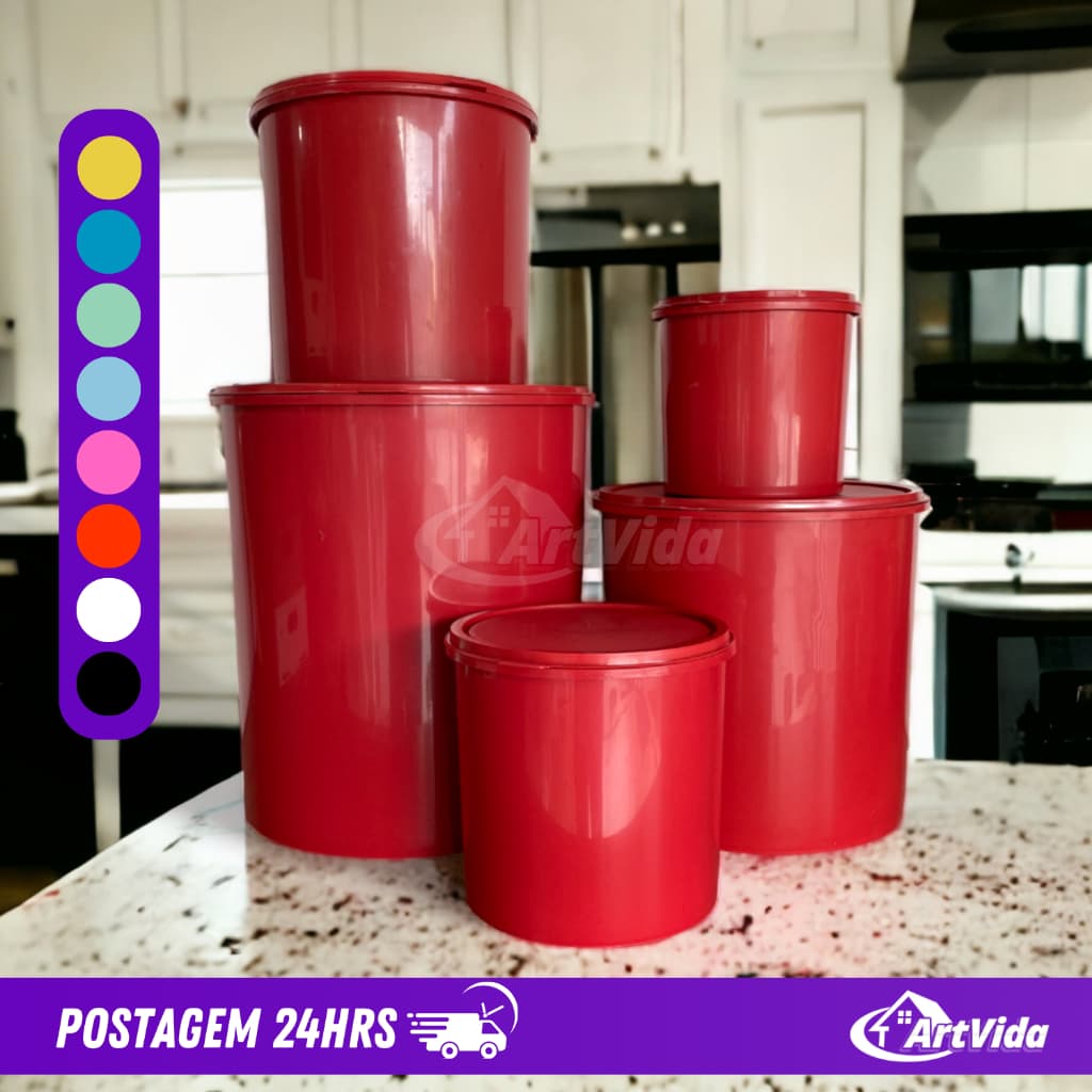 Kit Jogo de 5 Potes Mantimentos Plástico Preto Branco Vermelho Rosa Amarelo Azul Verde - ARTVIDA