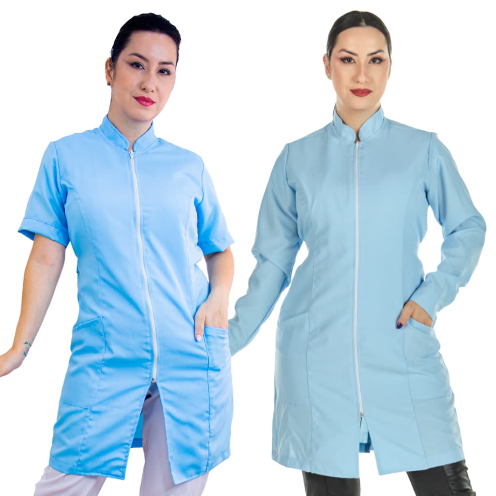 Kit 2 Jalecos Feminino Oxford Azul Bebê Manga Curta e Longa Zíper Dentista Esteticista