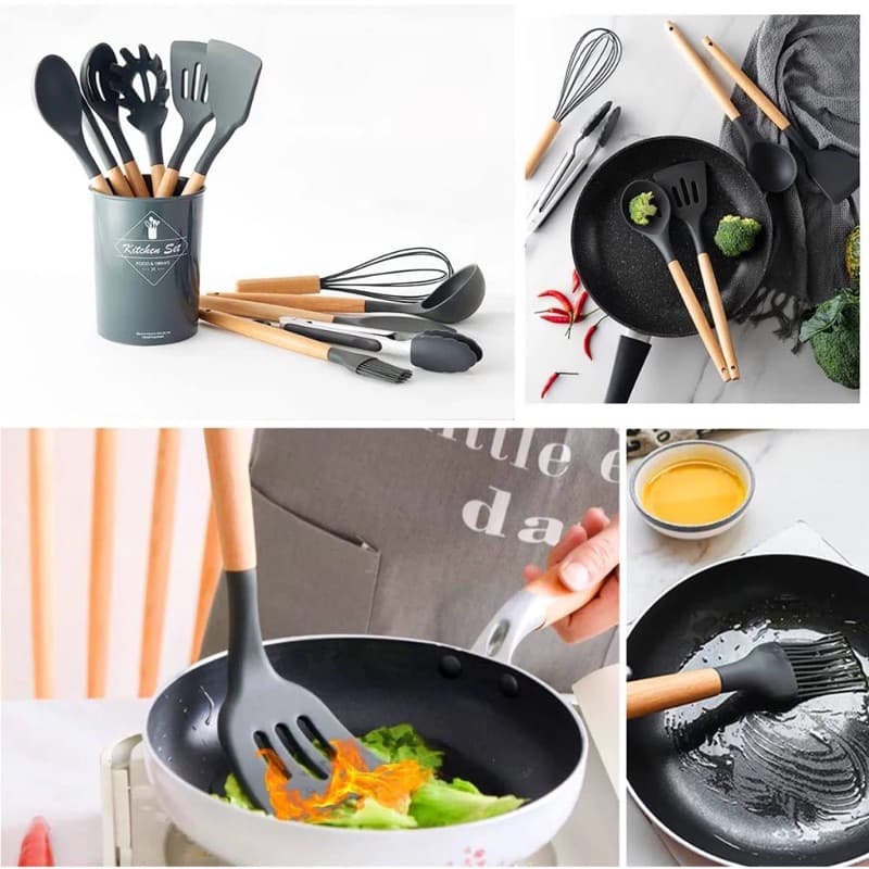 Kit De Utensílios De Cozinha Colheres Espatula Silicone Cabo Madeira Decoração 12 Peças