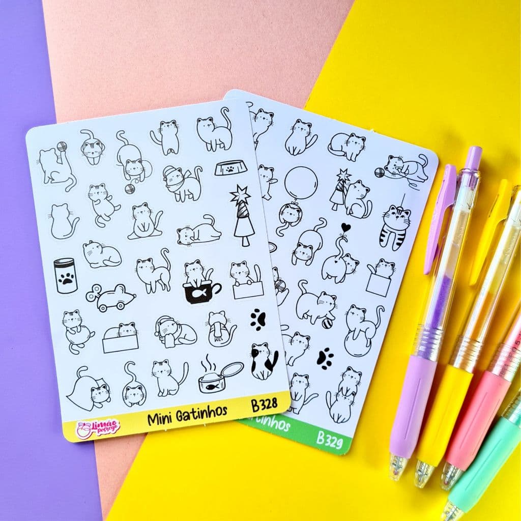 Cartela de Adesivos Gatinhos Cute Vinil à Prova d'Água Planner Caderno Scrapbook Pet Kawaii Gato