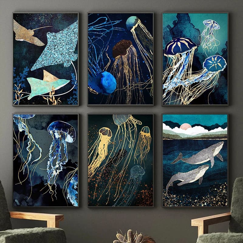 Quadro Oceano Animal, Vida marinha, Oceano, Polvo, Baleia, Medusa, Para decoração da casa