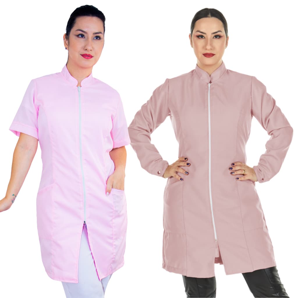 KIT 2 Jaleco Feminino Oxford Ziper Manga Curta Manga Longa Rosa Bebê Claro Acinturado Dentista Esteticista Nail Designer