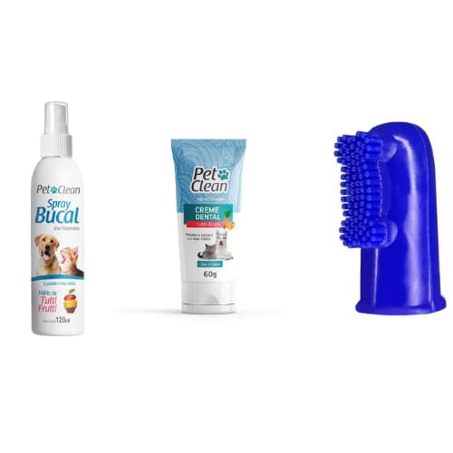 Kit Dental Pet Clean para Cães e Gatos - Inclui Spray Bucal, Creme Dental e Dedal