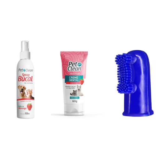 Kit Dental Pet Clean para Cães e Gatos - Inclui Spray Bucal, Creme Dental e Dedal