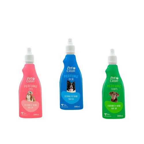 Experimente a Diversidade de Aromas com o Kit Perfumes Pet Clean para Cães e Gatos - Inclui 1 Perfume Feminino, 1 Masculino e 1 para Filhotes de 500 ML Cada